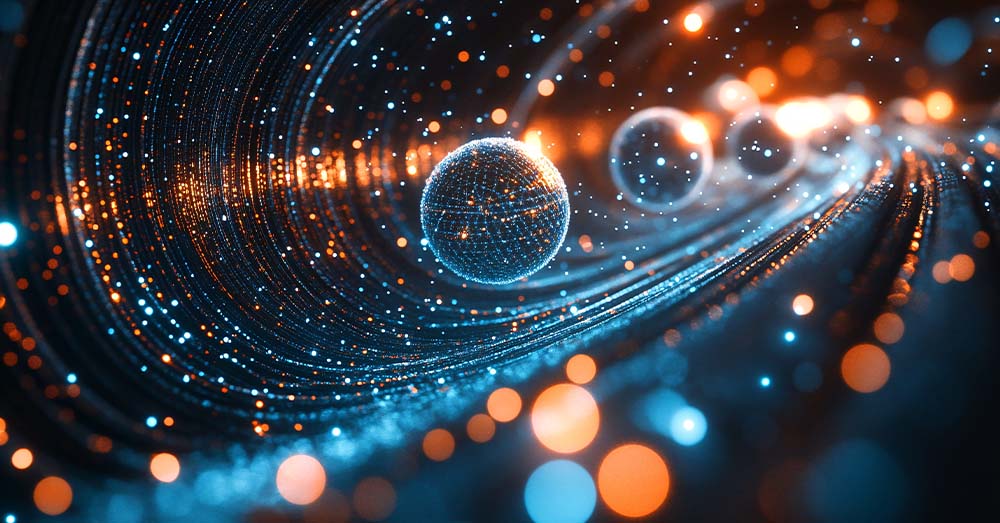 Computación cuántica y datos abiertos Fondo dinámico de computación cuántica con esferas en capas que representan qubits girando en un complejo patrón de ondas de energía.