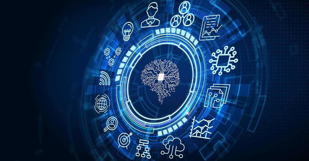 Aprende a construir un modelo predictivo con datos abiertos y Apache Spark Representación digital de una inteligencia artificial como un cerebro luminoso interconectado, rodeado de iconos tecnológicos que simbolizan computación en la nube, análisis de datos, conectividad global y aprendizaje automático, sobre un fondo azul oscuro con patrones de circuitos.