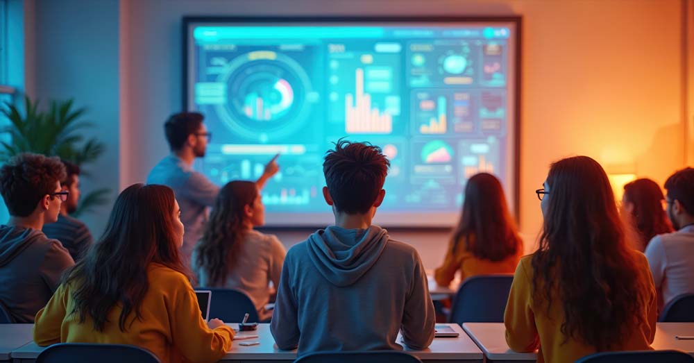 Infografía: recursos educativos para estudiantes de secundaria Alumnos asisten a una clase sobre visualización de datos en el aula. El profesor explica los gráficos en una pantalla interactiva.