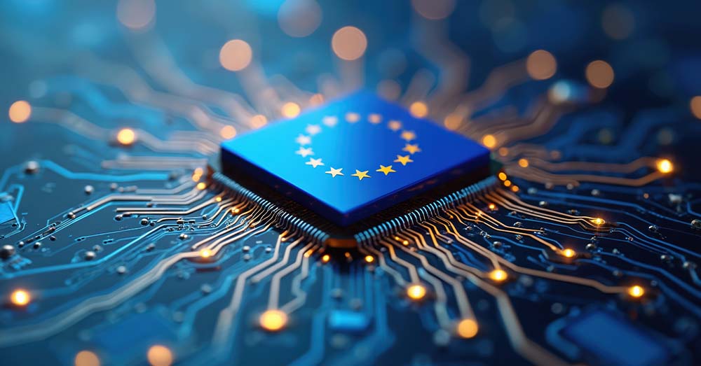 Data pooling: el motor colectivo de la nueva Data Union Strategy Bandera de la Unión Europea representada como un chip del que salen distintos cables conectados.