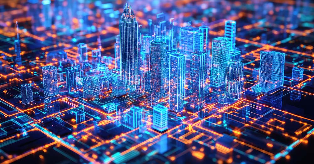Gemelos Digitales Urbanos: más allá del 3D, el poder de los datos abiertos Un gemelo digital de una ciudad con análisis y simulaciones empresariales en tiempo real.