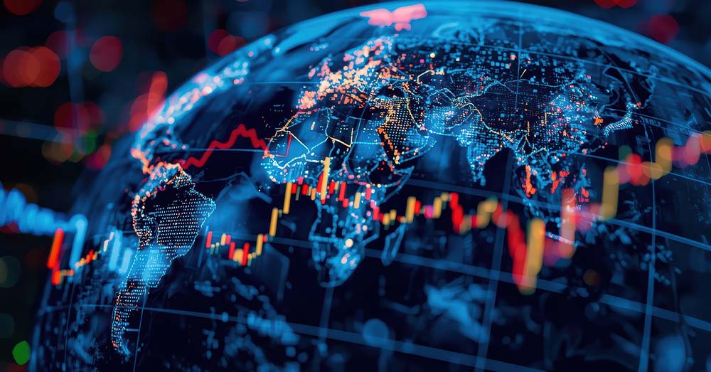 Nuevas tendencias y desafíos en el mundo de los datos Mapa mundial con puntos luminosos que representan ciudades y líneas de gráficos.