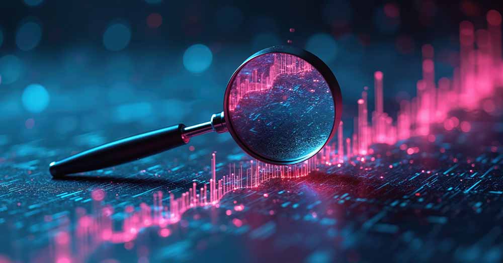 España se sitúa en el top 5 de países con mejores políticas de datos abiertos, según la OCDE Una lupa examina brillantes flujos de datos digitales y gráficos de barras.