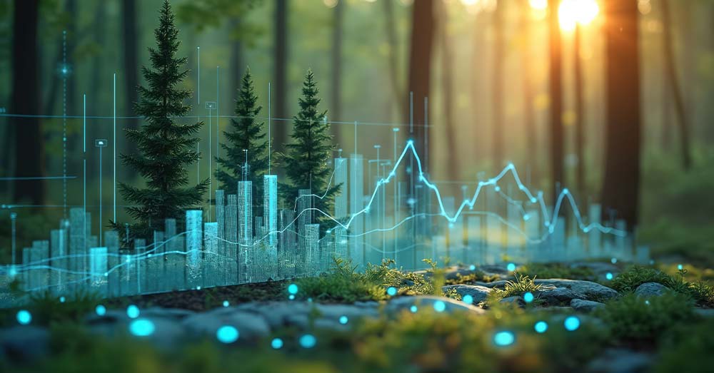 Los datos abiertos como infraestructura cívica frente al cambio climático Árboles y delante de ellos un análisis de datos forestales digitales con gráficos y diagramas de barras.