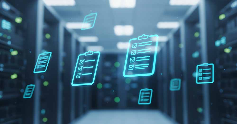 Recomendaciones para abordar la gobernanza de los datos Concepto de gestión de datos y cumplimiento normativo con iconos de portapapeles digitales flotando en una sala de servidores, que simbolizan la protección de datos, las normas reglamentarias y el procesamiento eficiente de la información.