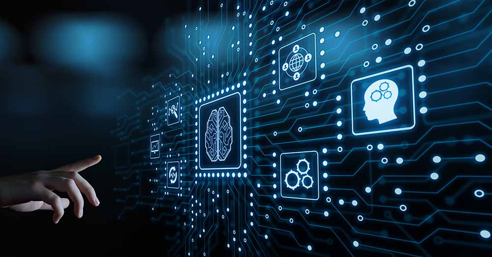 La universalización de la IA: cuando crear inteligencia artificial deja de ser cosa de expertos Iconos de conceptos relacionados con la inteligencia artificial, conectados por flujos de datos.