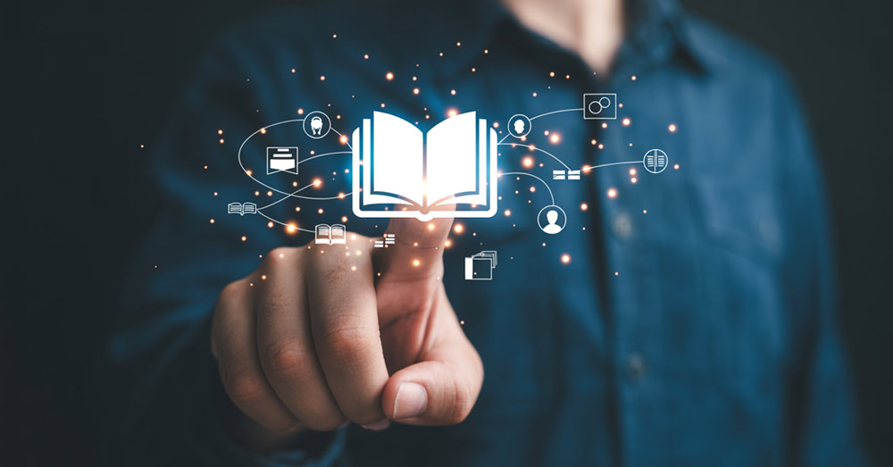 Cursos de verano 2026 para aprender ciencia de datos e inteligencia artificial Educación digital, aprendizaje en línea, cursos de e-learning y recursos de conocimiento con un icono conceptual de libro abierto