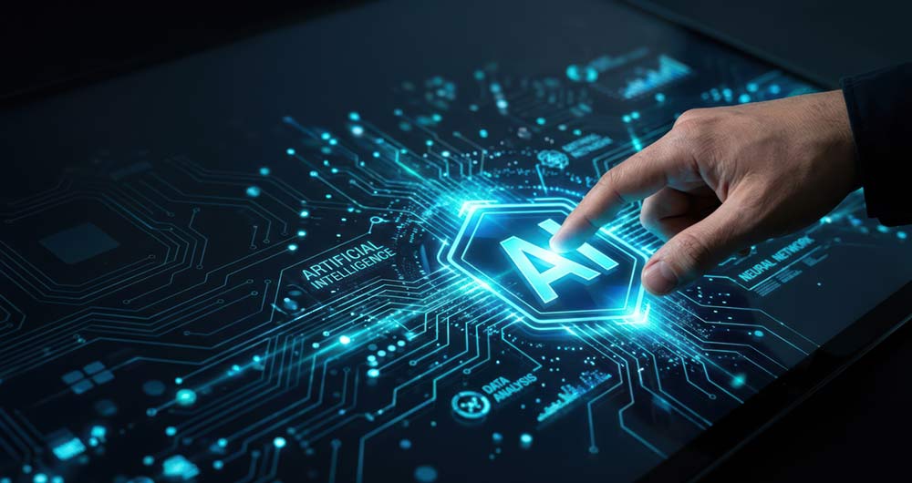 Datos abiertos preparados para la IA: buenas prácticas para publicadores en la era de los agentes autónomos Una mano humana interactuando con una interfaz de inteligencia artificial luminosa en una pantalla digital futurista