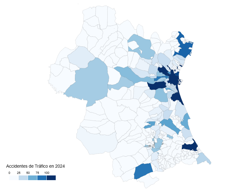 Map of the number of accidents by municipality in the province of Valencia in 2024.