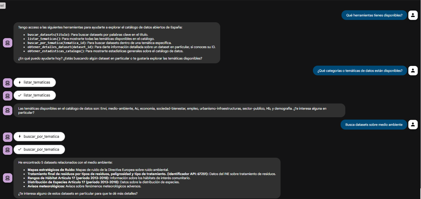 En esta captura se pregunta al agente por las herramientas y temáticas disponibles. También da un ejemplo preguntando por los datasets de medio ambiente